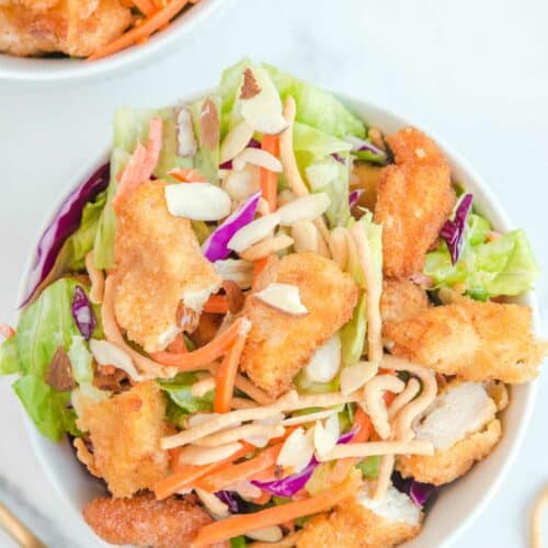 Overhead view of copycat Applebee's Oriental fried chicken salad.