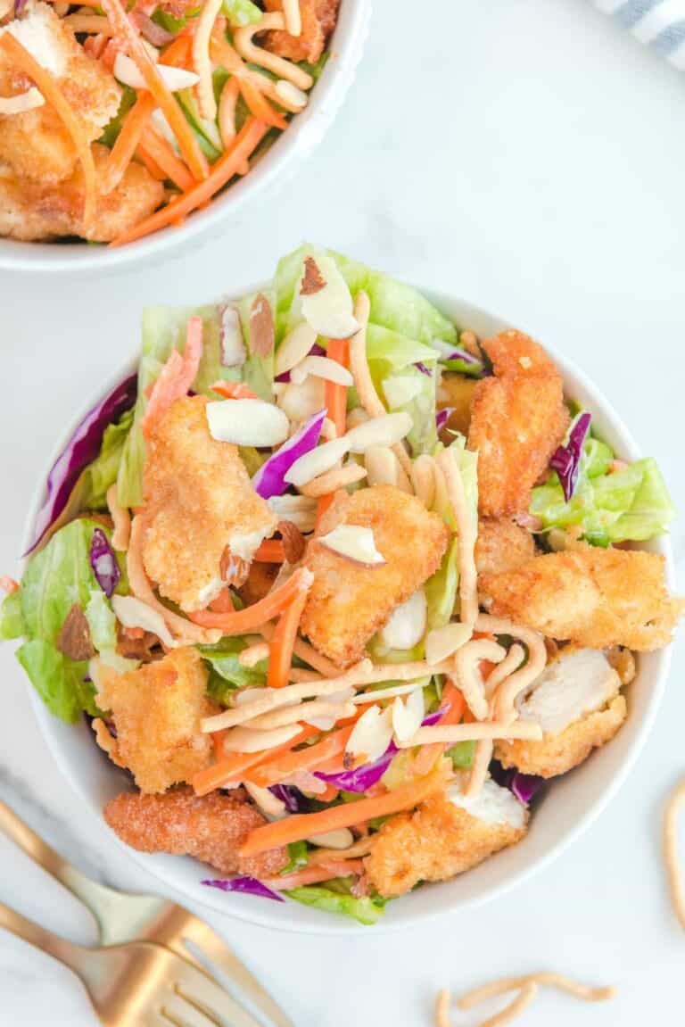Overhead view of copycat Applebee's Oriental fried chicken salad.