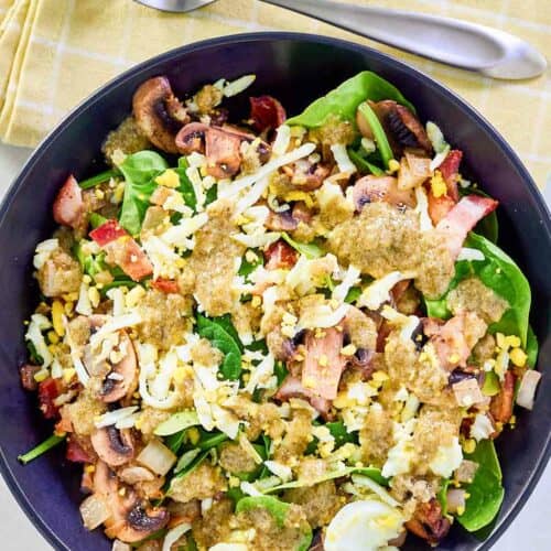 Overhead view of copycat Chart House spinach salad.