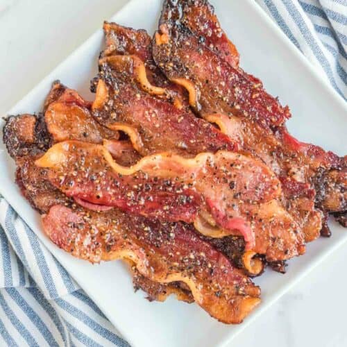 Overhead view of copycat Dunkin snackin bacon on a plate.