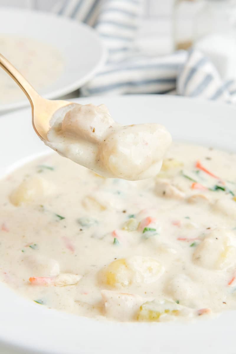 A close-up shot of a gold spoon lifting a bite of chicken gnocchi soup from a bowl. The spoonful features a tender piece of gnocchi and chicken coated in the creamy, flavorful broth, highlighting the soup's texture.