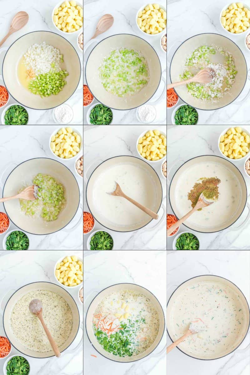 A nine-panel collage showing the step-by-step process of making chicken gnocchi soup. It begins with sautéing vegetables, creating a roux, adding broth and cream, stirring in herbs, and finally adding the chicken, gnocchi, and remaining vegetables to the pot.