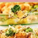 Broccoli tater tot casserole on a fork over a plate of it.