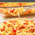 Ham and hash brown casserole with cheese on a plate and on a fork above it.