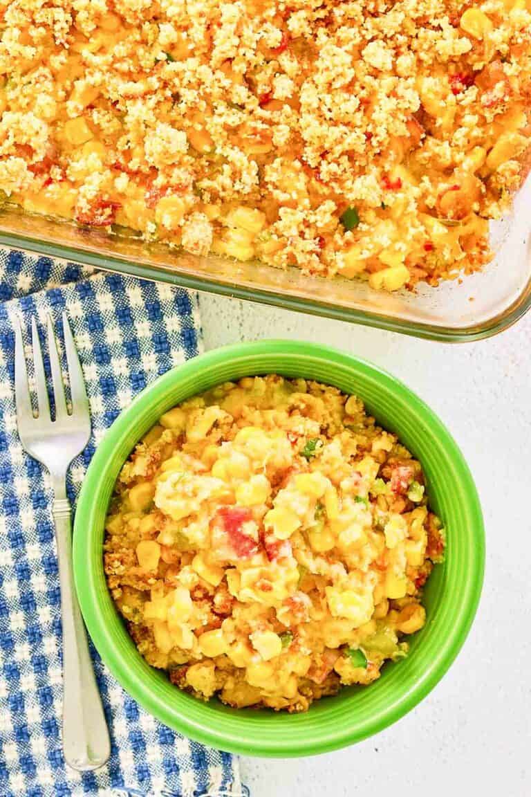 Overhead view of copycat Luby's Spanish Indian baked corn casserole in a bowl and baking dish.