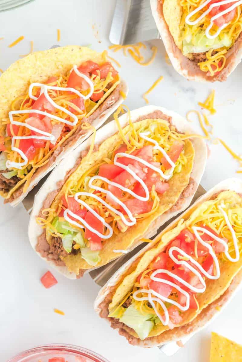 Overhead view of copycat Taco Bell double decker tacos.