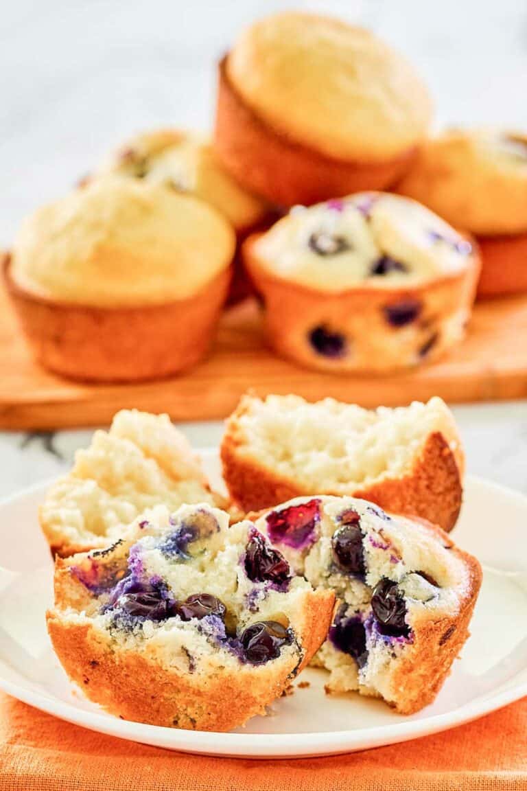 Blueberry and plain sweet muffins on a plate.