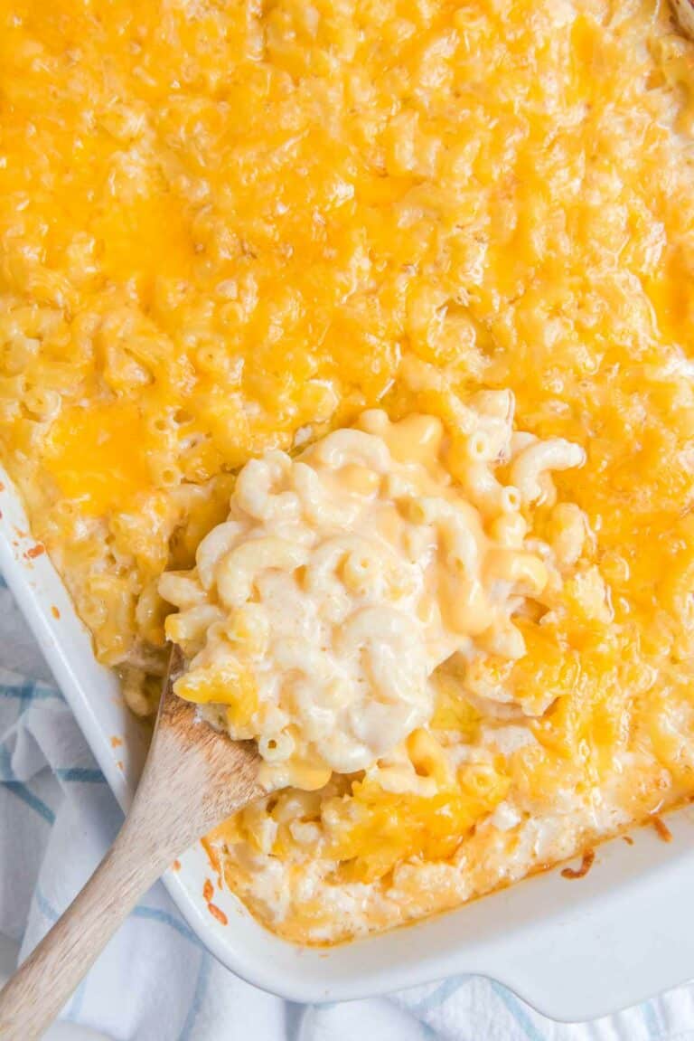 Overhead view of copycat Sweetie Pie's mac and cheese in a baking dish.