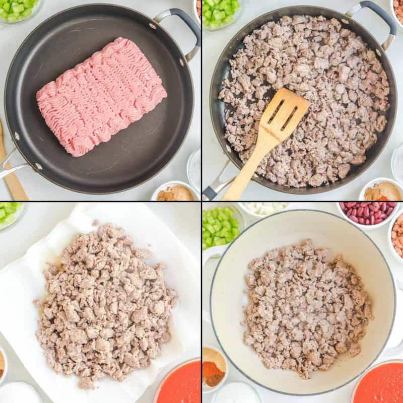 A four-panel collage showing how to prepare the ground beef for Wendy's chili. The first two panels show the beef being cooked and crumbled in a skillet. The third shows it draining, and the fourth shows the cooked beef added to a large pot.