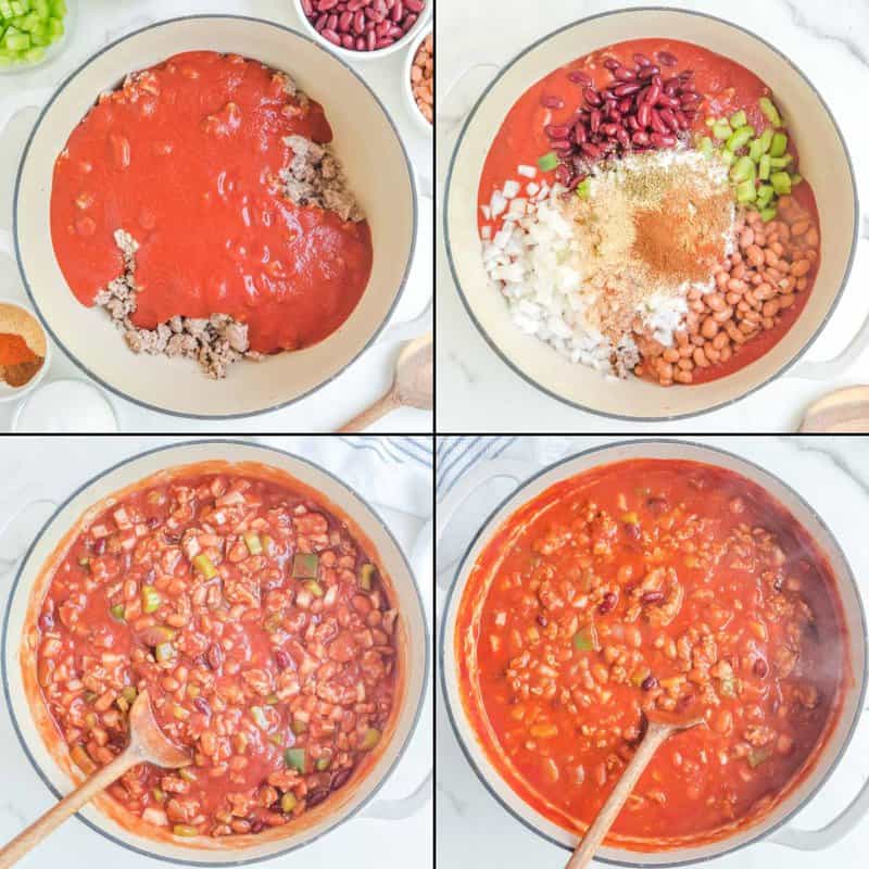 A four-panel collage showing the assembly and cooking of Wendy's chili. The first panel shows tomato puree being added to the beef. The second shows beans and vegetables being added. The third and fourth panels show the chili mixed together and simmering.