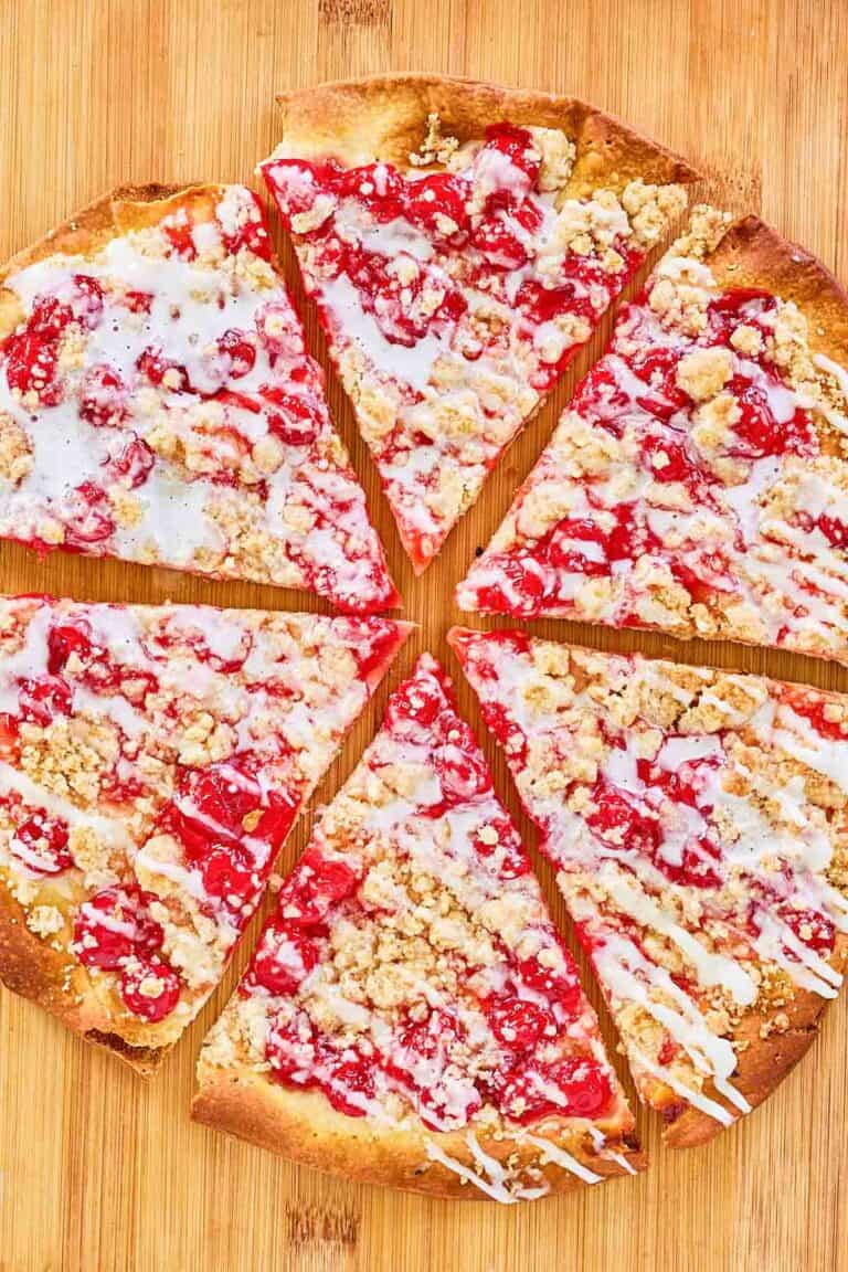 Overhead view of copycat CiCi's cherry dessert pizza.