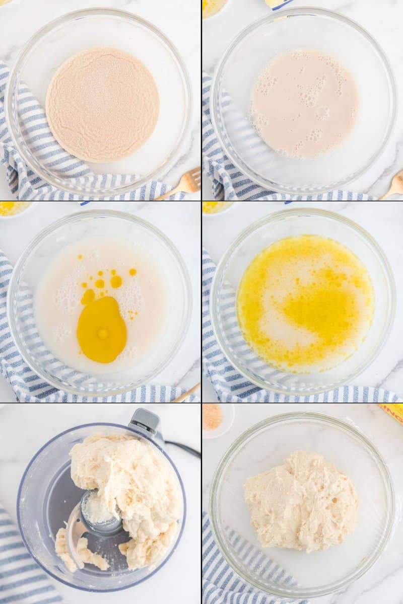 Collage showing steps to activate yeast and mix the dough ingredients in a food processor.