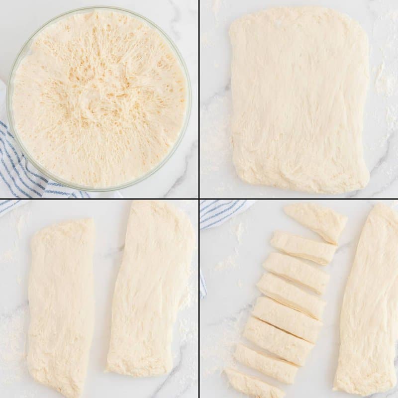 Collage showing risen dough being patted into a rectangle and cut into strips for breadsticks.
