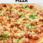 Homemade CPK Thai chicken pizza on a pizza peel.