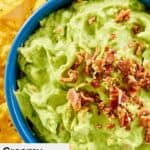 Overhead closeup of avocado dip in a blue bowl.