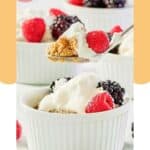 Homemade Brennan's oatmeal custard on a spoon over a ramekin.