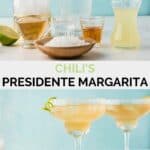 Copycat Chili's Presidente Margarita ingredients and the finished drink.