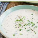 Closeup of a bowl of old-fashioned potato soup.