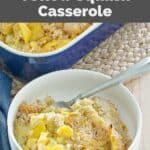 A serving of copycat Black Eyed Pea yellow squash casserole in a white bowl.