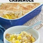 A bowl of homemade Black Eyed Pea yellow squash casserole in front of the casserole.
