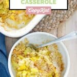 Overhead view of homemade Black Eyed Pea yellow squash casserole serving in a bowl.