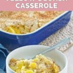A bowl of homemade Black Eyed Pea yellow squash casserole in front of the dish.