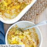 Overhead view of homemade Black Eyed Pea yellow squash casserole in a bowl and baking dish.