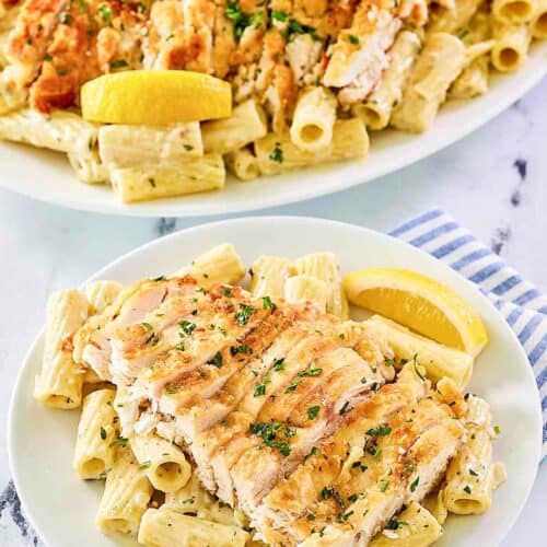 Copycat Biltmore Estate gorgonzola chicken pasta on a platter and plate.