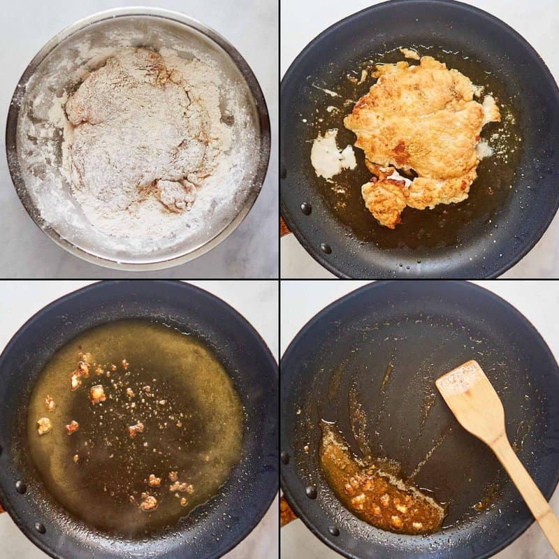 Collage of cooking chicken and reducing wine for chicken gorgonzola pasta.