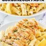 Homemade Biltmore Estate chicken gorgonzola pasta serving on a plate.