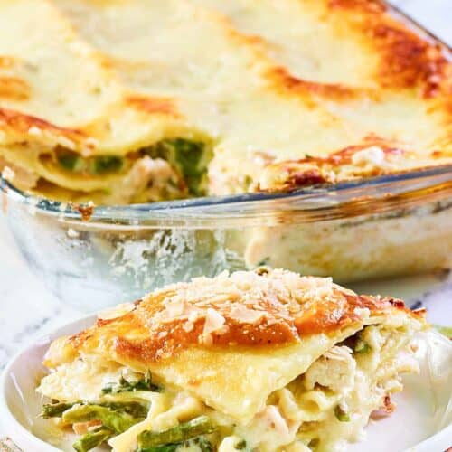Chicken lasagna with asparagus and white wine sauce.