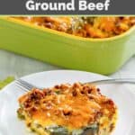 Chili relleno casserole with ground beef serving and a fork on a white plate.