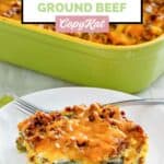 Chili relleno casserole with ground beef serving on a white plate.