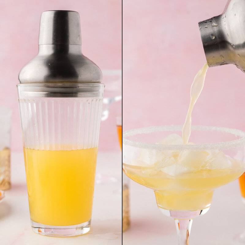 Steps showing a cocktail shaker and pouring the margarita over ice into a rimmed glass.