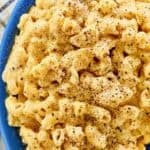Homemade macaroni and cheese in a serving dish.