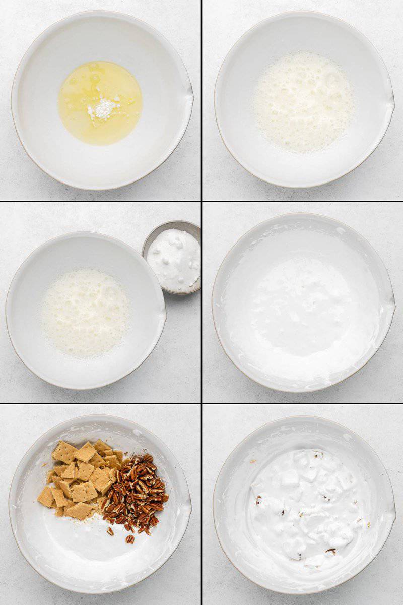 A six-panel collage showing how to make the meringue filling for the pie. The first panels show egg whites being whipped with sugar into a stiff meringue. The final panels show graham cracker pieces and pecans being folded into the meringue.
