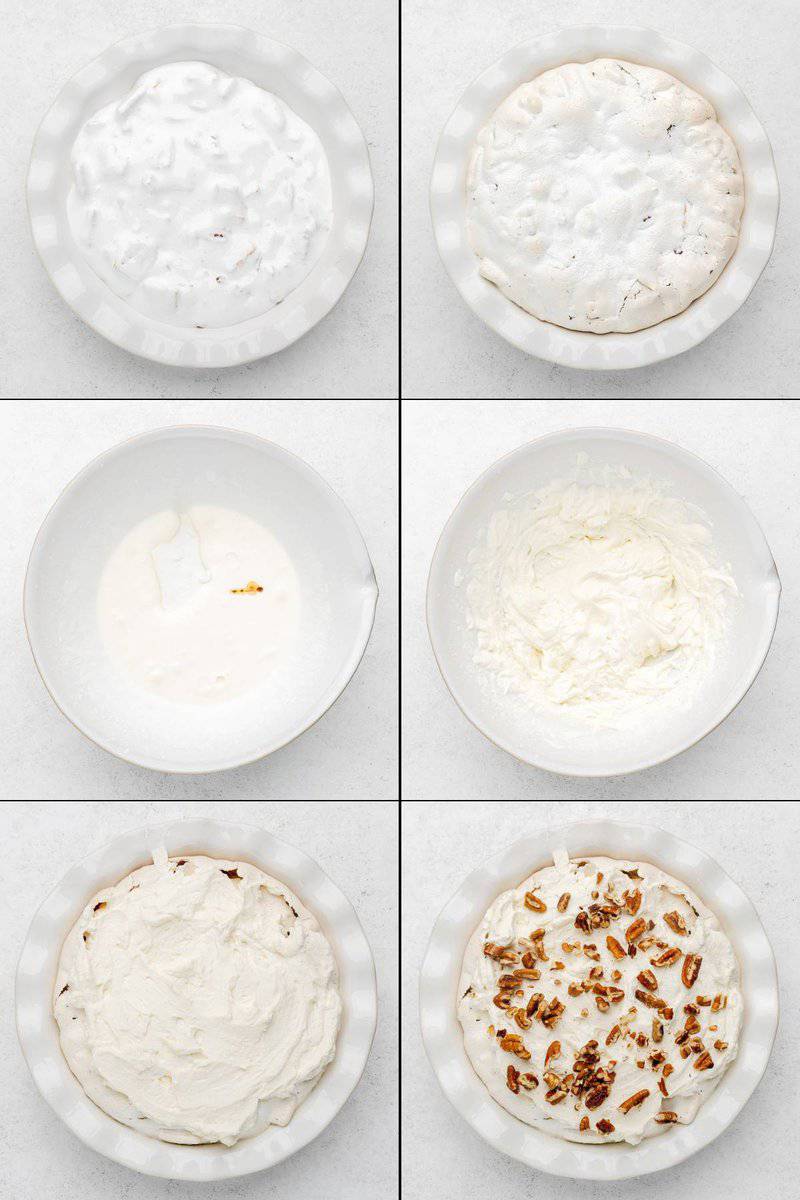 A six-panel collage showing the baking and finishing of the pie. The first panels show the meringue filling being baked. The middle panels show the whipped cream topping being made. The final panels show the topping being spread on the pie and garnished with pecans.