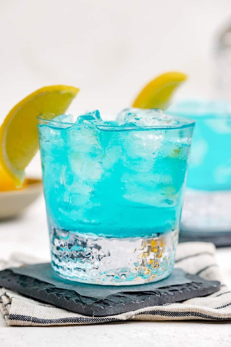 Copycat Olive Garden Blue Amalfi drink on a coaster.