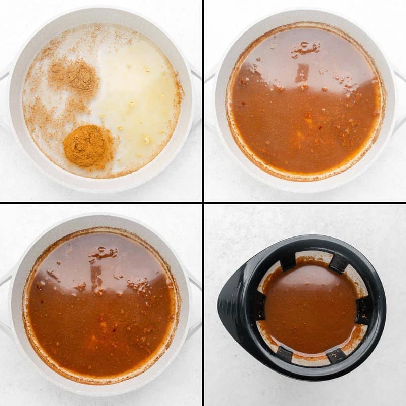 A four-panel collage showing the process of making pumpkin spice syrup. The first three panels show water and spices being heated in a pot to create an infusion. The final panel shows the finished syrup being strained through a coffee filter.