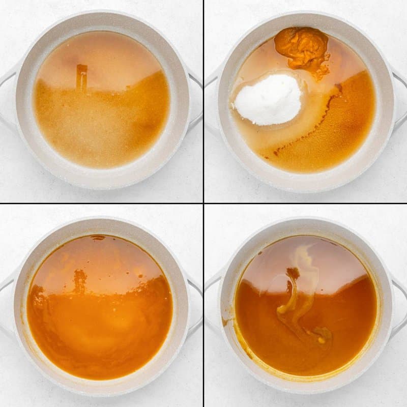 A four-panel collage showing how to make pumpkin spice syrup. The first panel shows a spiced simple syrup base. The next panels show pumpkin puree and sugar being added and whisked in. The final panel shows the finished orange-colored syrup simmering.