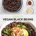 Copycat Chili's black beans ingredients and the finished dish.