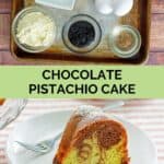 Chocolate pistachio bundt cake ingredients and a slice on a plate.