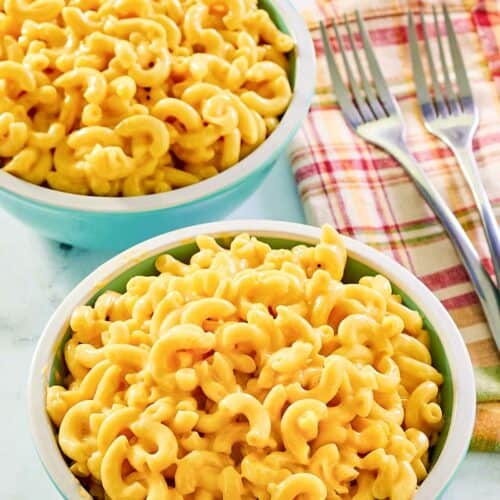 Two bowls of copycat Cracker Barrel mac and cheese.