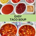 Taco soup ingredients and the soup in two bowls.