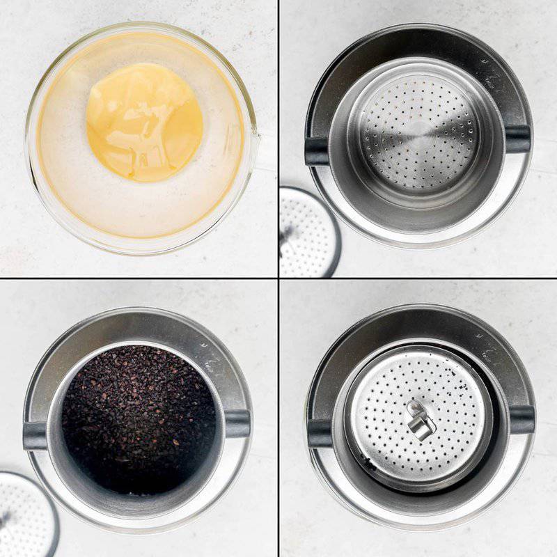 Collage of first steps in making Vietnamese coffee with a phin filter.