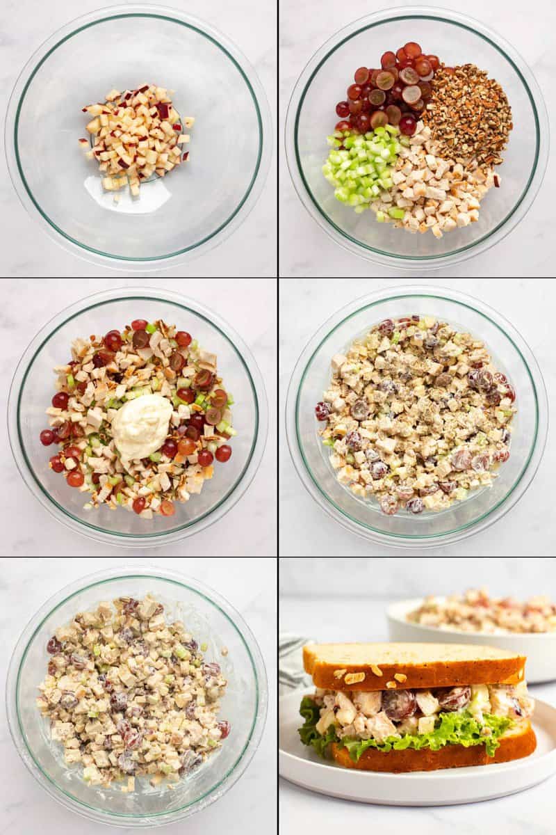 Collage of making copycat Arby's pecan chicken salad sandwich.