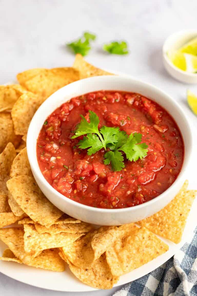 Copycat Chili's salsa and tortilla chips on a platter.