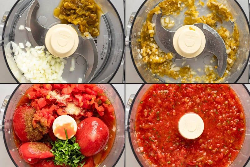 A 4-panel collage showing salsa prep in a food processor: chopping onions and jalapenos, adding tomatoes, and blending until smooth.
