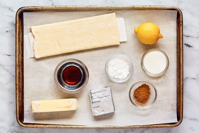 Copycat Cinnabon cinnamon stix ingredients on a tray.