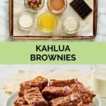 Kahlua brownies ingredients and the finished brownies on a plate.